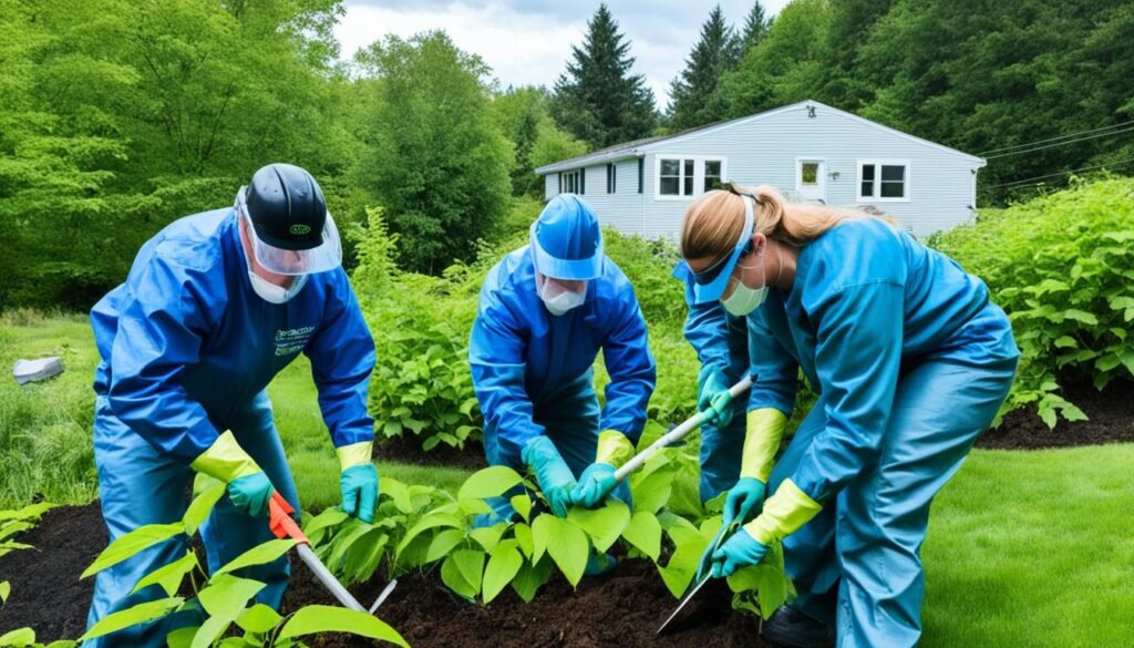 A group of people clad in protective gear are meticulously cutting and digging up invasive knotweed plants in a garden. 