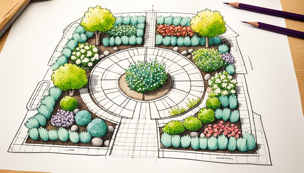 Garden plan being drawn on paper, showcasing a pencil sketch that incorporates fundamental design principles such as symmetry, balance, and colour harmony.