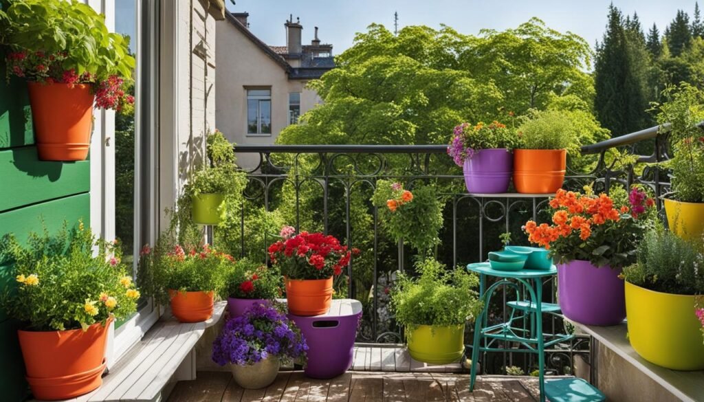 A small balcony transformed into a lush garden with a variety of plants.