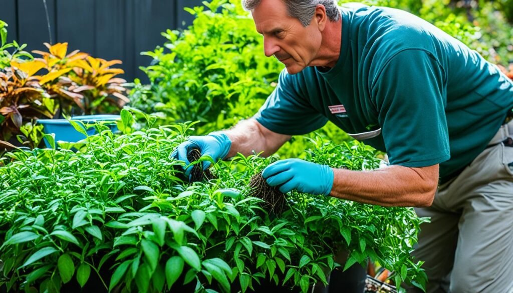 Pruning the leaves of overflowing plants in a small container garden.