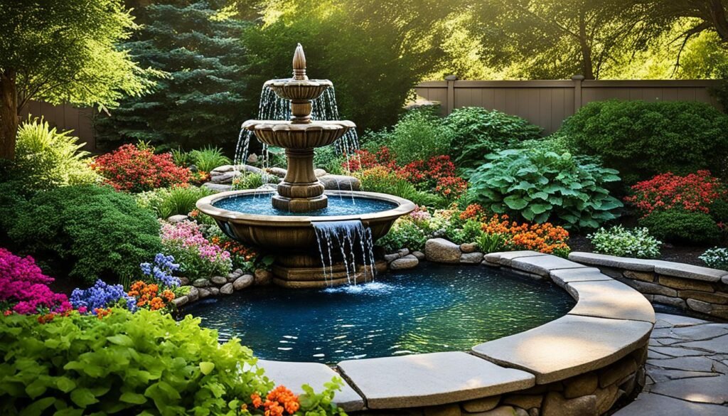 Tranquil garden oasis, featuring a beautiful fountain.