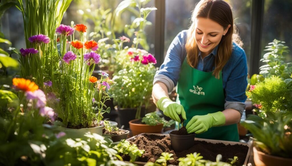 Gardener in gloves planting a small plant in a pot, surrounded by lush greenery and flowers.