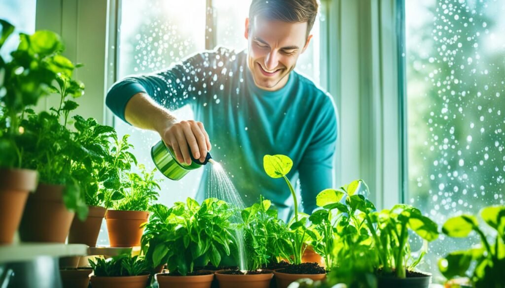 Watering freshly potted plants.