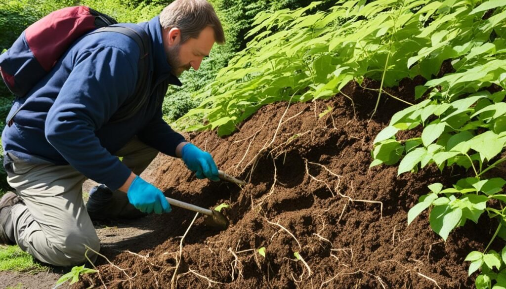 A man is diligently removing Japanese knotweed from the soil, carefully extracting its extensive root system to prevent further spread.