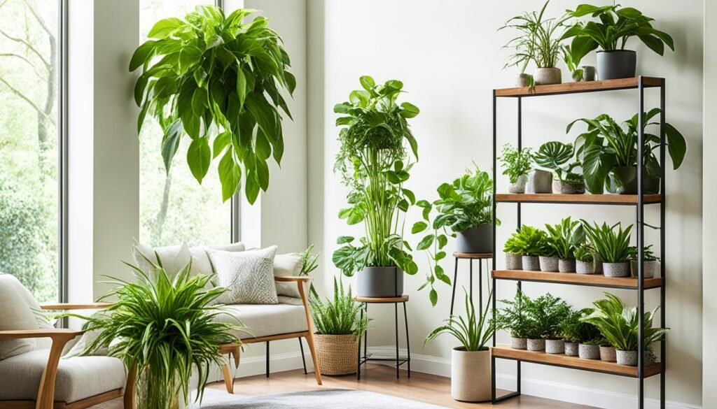 A cozy living room with elegant plants.