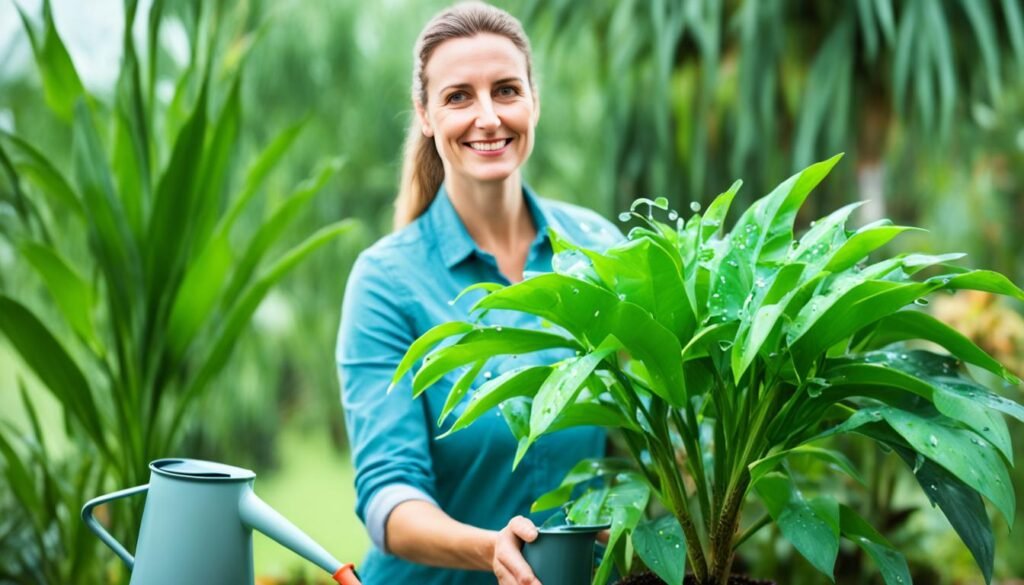 A gardener standing by a tropical plant with a watering can.