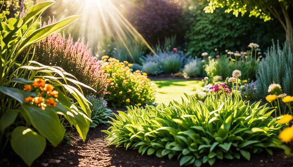 Sun-drenched garden with thriving plants.