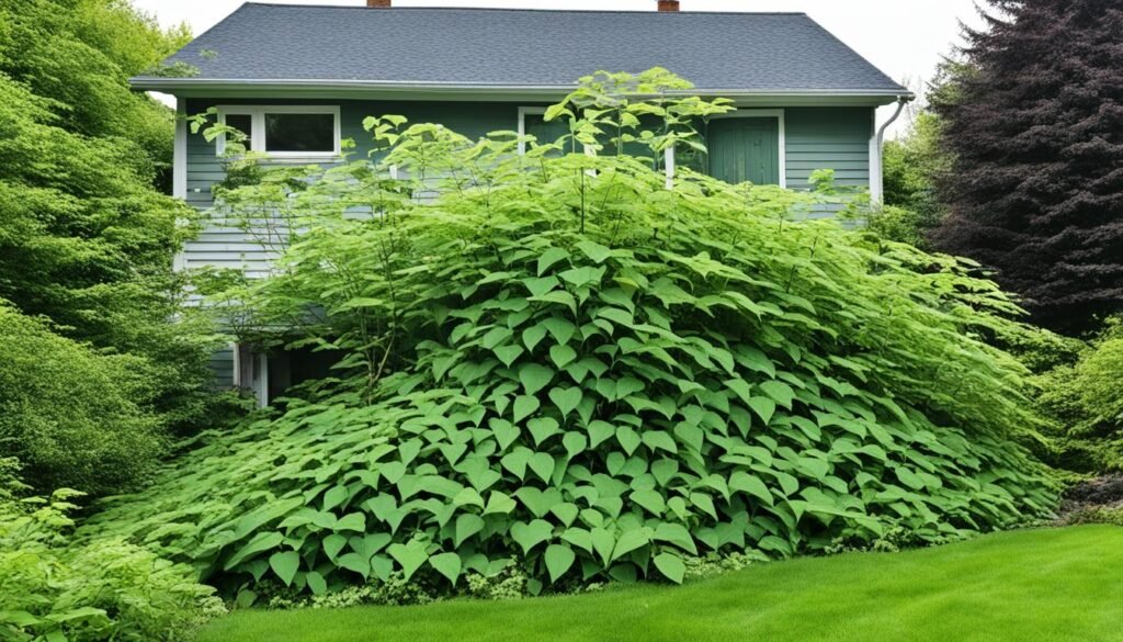 A massive Japanese knotweed plant towers near a house, its dense thickets and large, heart-shaped leaves serving as a stark warning of the potential damage it can cause to the property.